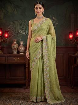 Sareemall - Green Embellished/Sequined Saree with Unstitched Blouse
