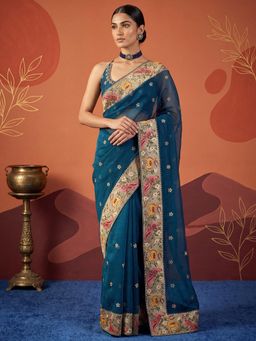 Sareemall - Teal Embroidered Thread Work Saree with Unstitched Blouse