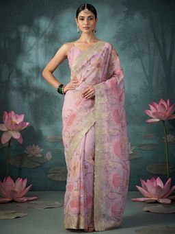 Sareemall - Pink Floral Printed Saree with Unstitched Blouse