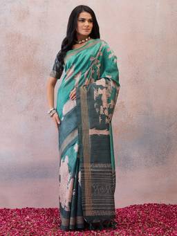Sareemall - Teal Embroidered Saree with Unstitched Blouse