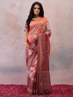 Sareemall - Peach Embroidered Saree with Unstitched Blouse