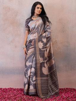 Sareemall - Charcoal Embroidered Saree with Unstitched Blouse