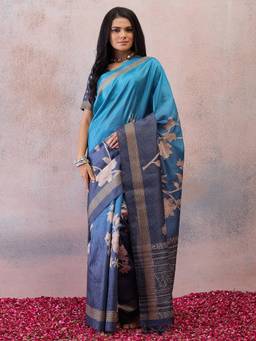 Sareemall - Blue Printed Saree with Unstitched Blouse