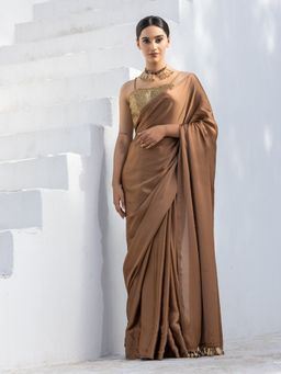 Swtantra - Russet Chocolate Brown Satin Saree with Gold Coin Lace