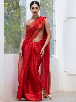 Swtantra - Apple Red and Gold Floral Print Chiffon Saree with Latkans
