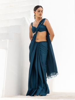 Swtantra - Classic Lethal Blue Satin Saree with Beaded Lace & Unstitched Blouse