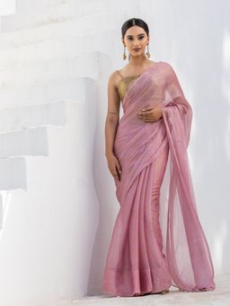 Swtantra - Pink with Golden Floral Printed Chiffon Saree and Latkans