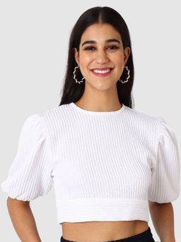 Freehand - Textured Round Neck Back Tie-Up Crop Top