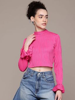 Freehand - Textured Round Neck Full Sleeves Crop Top