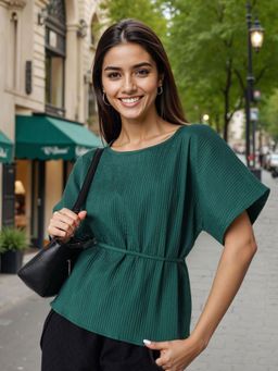 Freehand - Loose Fit Textured Half Sleeves Tie Up Top