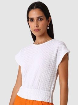 Freehand - Textured Boat Neck Gathered Waist Top