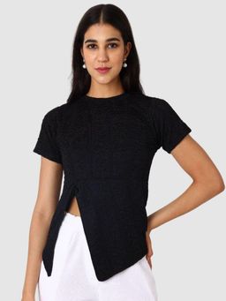 Freehand - Textured Front Slit Half Sleeves Knotted Top