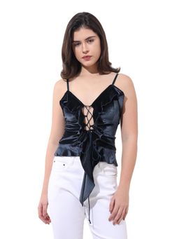 Freehand - Blue Fitted Solid Strappy Ruffled Top