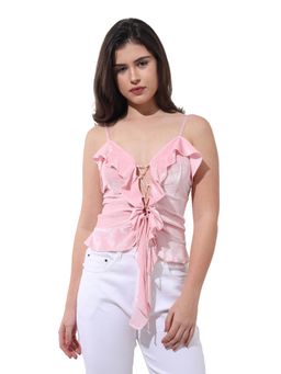 Freehand - Pink Fitted Solid Strappy Ruffled Top