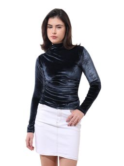 Freehand - Blue Fitted Velvet High Neck Full Sleeves Top