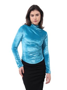 Freehand - Blue Fitted Velvet High Neck Full Sleeves Top