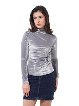 Freehand - Grey Fitted Velvet High Neck Full Sleeves Top