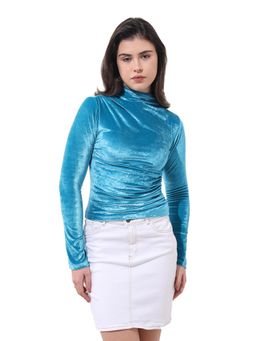 Freehand - Blue Fitted Velvet High Neck Full Sleeves Top