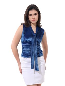 Freehand - Blue Velvet Tie-Up Sleeveless Ruched Top