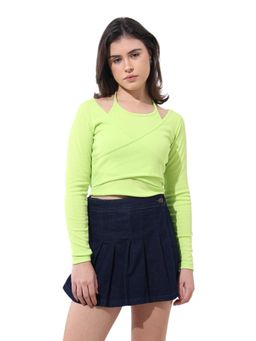 Freehand - Green Solid Halter Neck Full Sleeves Crop Top