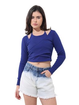 Freehand - Blue Solid Halter Neck Full Sleeves Crop Top