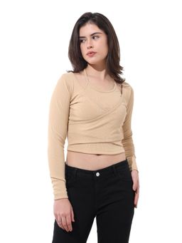 Freehand - Beige Solid Halter Neck Full Sleeves Crop Top