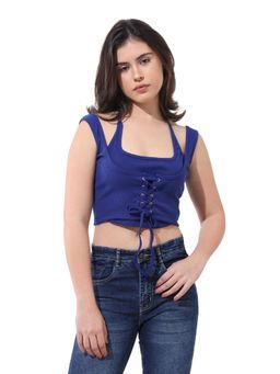 Freehand - Blue Fitted Solid Lace Up Crop Top