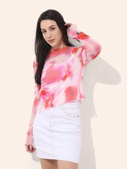 Freehand - Pink and White Mesh Ruched Top