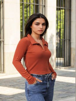Freehand - Brown Fitted Solid Collar Neck Top
