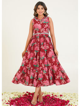 Autumnlane - Trinity Vermi Floral Handwork Cotton Red Midi Dress with Belt (Set of 2)