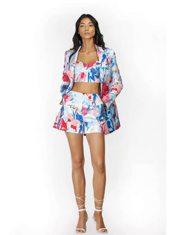 MANDIRA WIRK - Satin Printed Jacket With Shorts And Bustier Ivory & Blue (Set of 3)