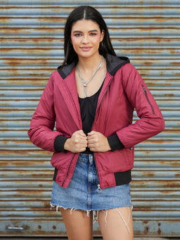 Campus Sutra - Cherry Red Zip-Front Jacket with Contrast Hem