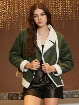 Campus Sutra - Seaweed Green Contrast-Fleece Biker Jacket
