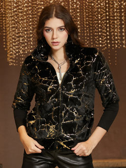 Campus Sutra - Carbon Black Metallic-Veined Fur Jacket