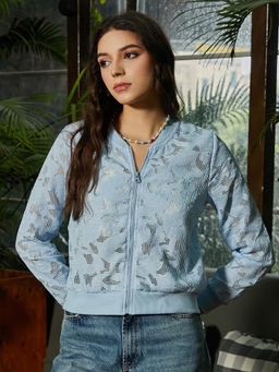 Campus Sutra - Sky Blue Mesh Botanical Jacket
