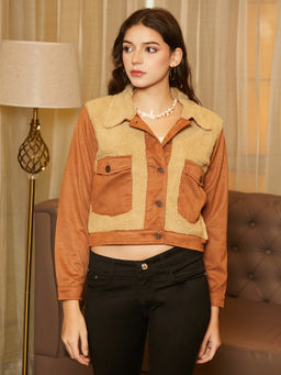 Campus Sutra - Sienna Brown Contrast Sherpa Jacket