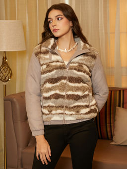 Campus Sutra - Light Grey and Chocolate Brown Camu-Block Sherpa Zip-Front Jacket
