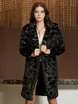 Campus Sutra - Onyx Black Metallic-Veined Fur Long Overcoat