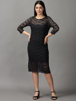 SHOWOFF - Womens Midi Bodycon Black Self Design Dress