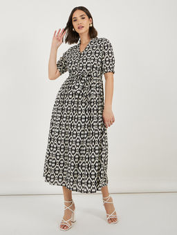 Styli - Women Black Printed Half Sleeves Midi Dress with Belt (Set of 2)