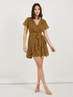 Styli - Women Brown Self Design Half Sleeves Mini Dress with Belt (Set of 2)