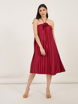Styli - Women Red Pleated Sleeveless Midi Dress