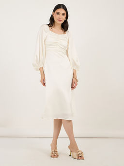 Styli - Women Off White Solid Balloon Sleeve Midi Dress