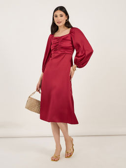 Styli - Women Red Solid Balloon Sleeve Midi Dress
