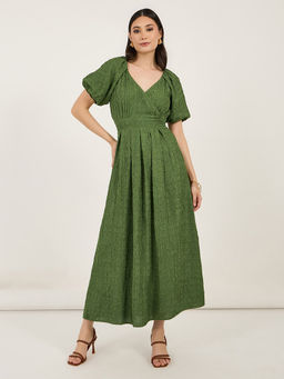 Styli - Women Green Self Design Puff Sleeves Maxi Dress