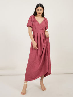 Styli - Women Pink Self Design Puff Sleeves Maxi Dress