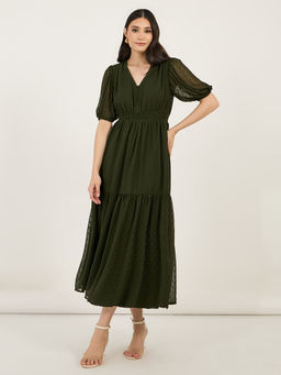 Styli - Women Green Self Design Puff Sleeves Maxi Dress