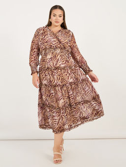 Styli - Women Brown Abstract Full Sleeves Maxi Dress