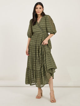 Styli - Women Olive Self Design Balloon Sleeve Maxi Dress