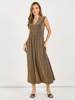 Styli - Women Gold Sequined Sleeveless Maxi Dress with Belt (Set of 2)